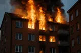 Brand i flerbostadshus där rök väller ut från ett fönster, visande vikten av brandskydd