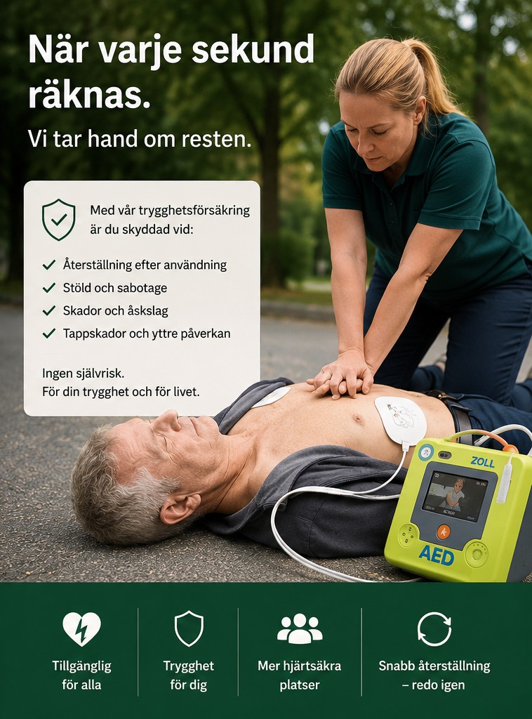Person utför hjärt-lungräddning med hjärtstartare utomhus. Bilden illustrerar trygghetsförsäkring för hjärtstartare och snabb återställning efter användning vid hjärtstopp.